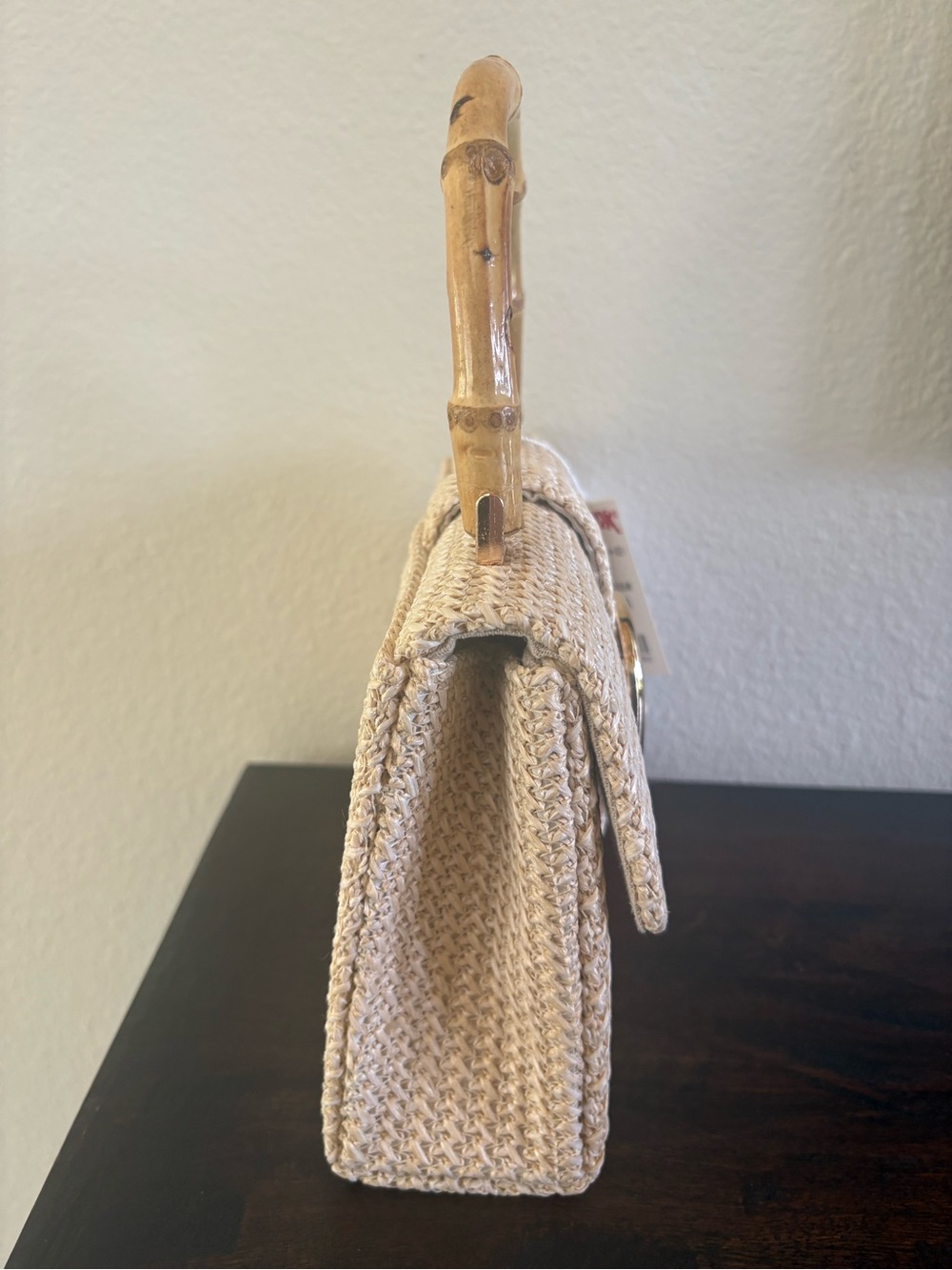 Tommy Bahama Cream Woven Mini Bag with Bamboo Handle and Gold Accent - Picture 4 of 5